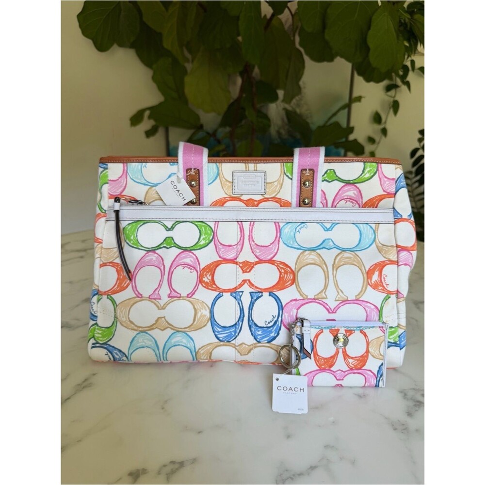 NWT Coach Y2K Vintage Hamptons Scribble Signature Large Tote & Card Case f11674
